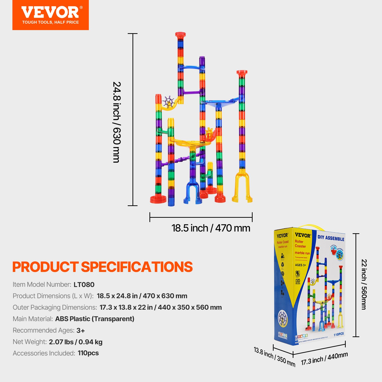 Colorful marble run toy set with VEVOR branding and product specifications on a white background.