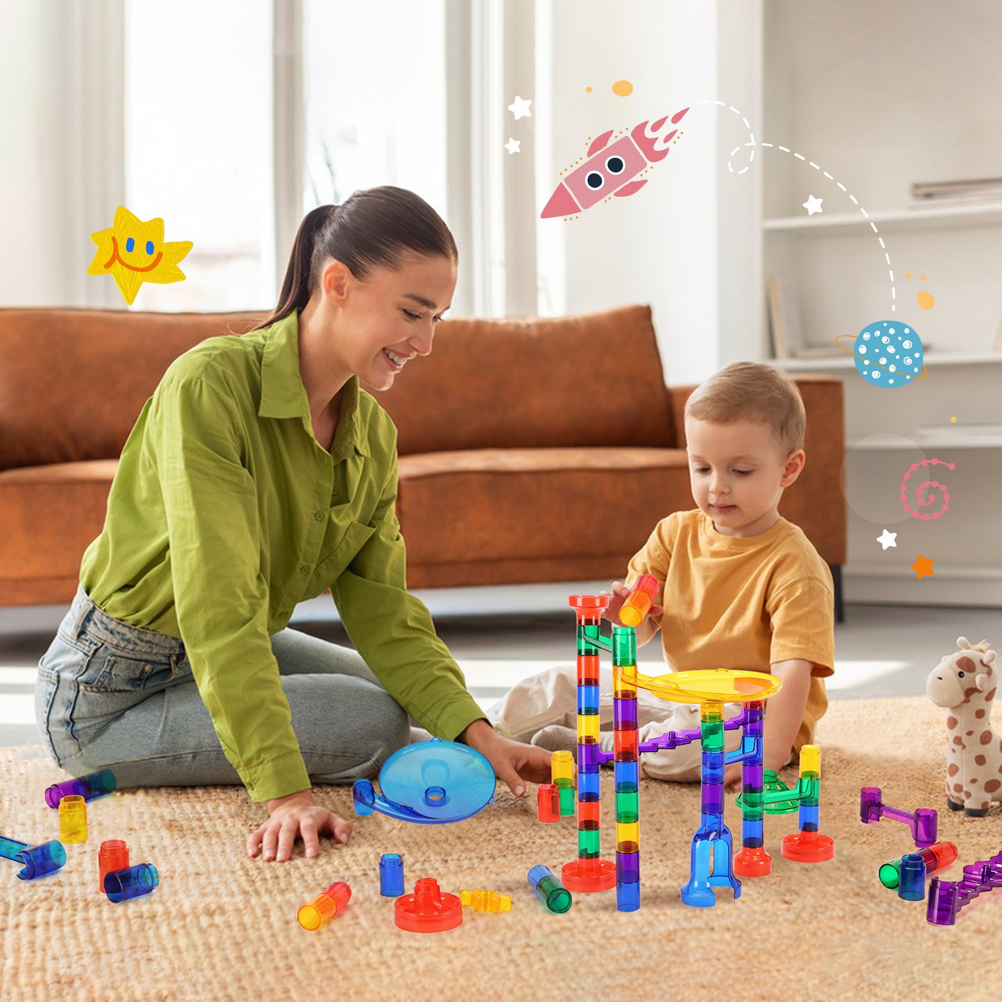 Woman and child playing with colorful marble run building blocks on a carpeted floor.