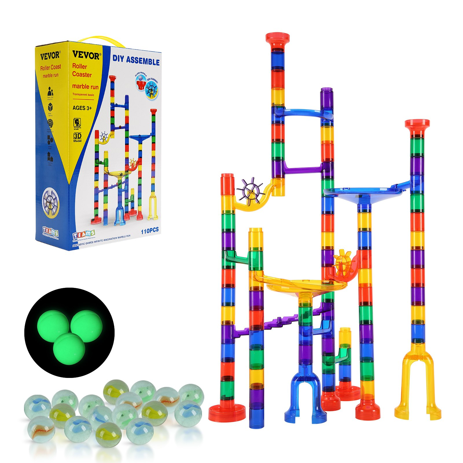 Colorful marble run set with VEVOR packaging, marbles, and a glowing green marble.