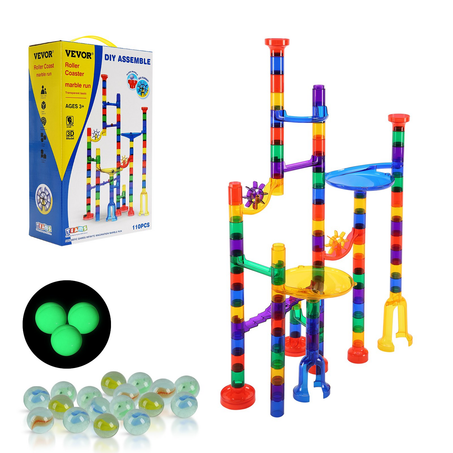 Colorful marble run set with VEVOR packaging, marbles, and a close-up of glowing marbles on a white background.