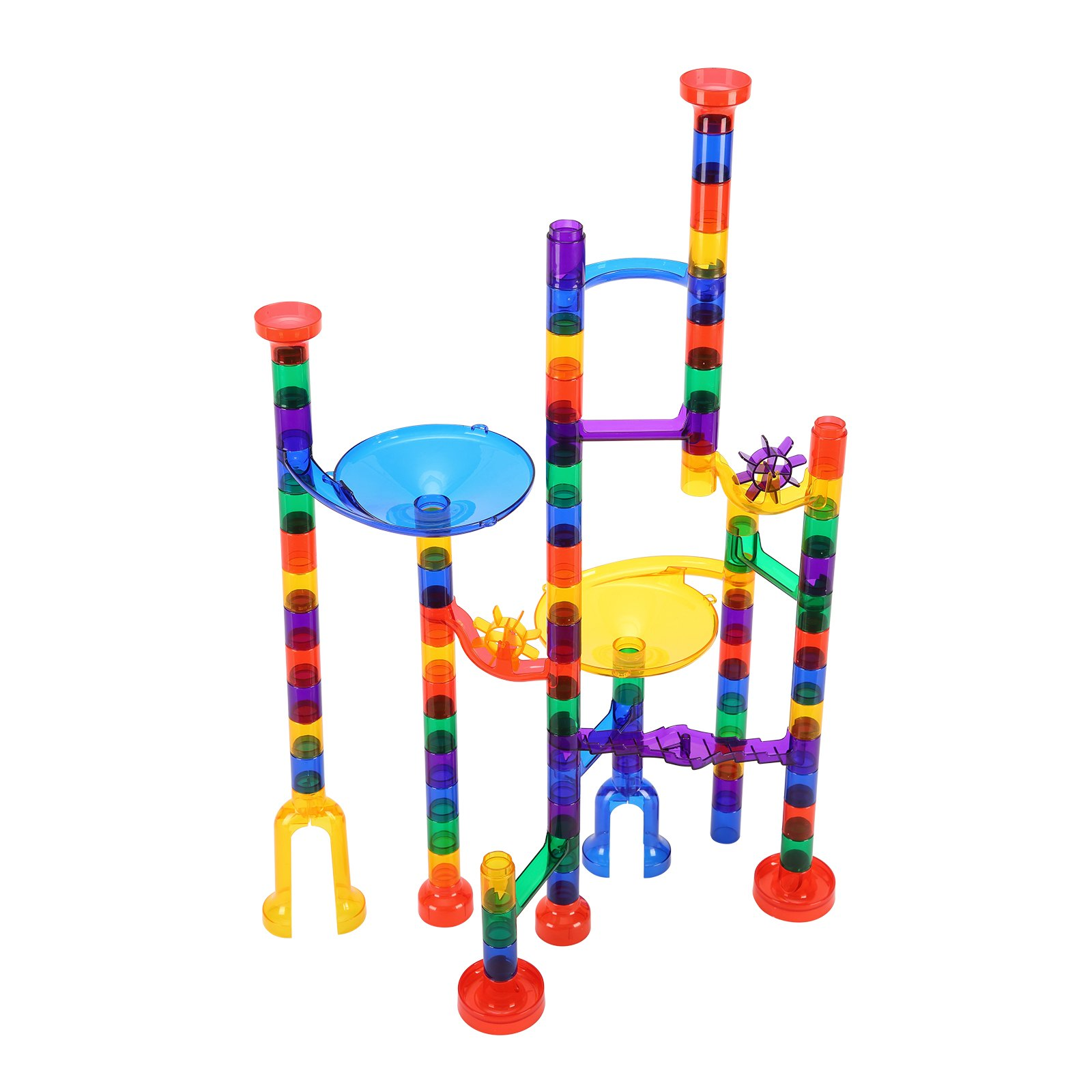 Colorful marble run toy set on a white background