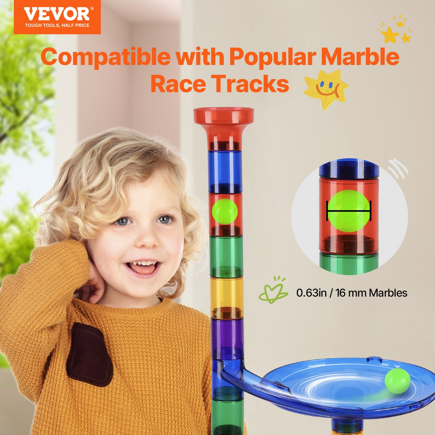 Child playing with a colorful marble run toy, featuring VEVOR branding.