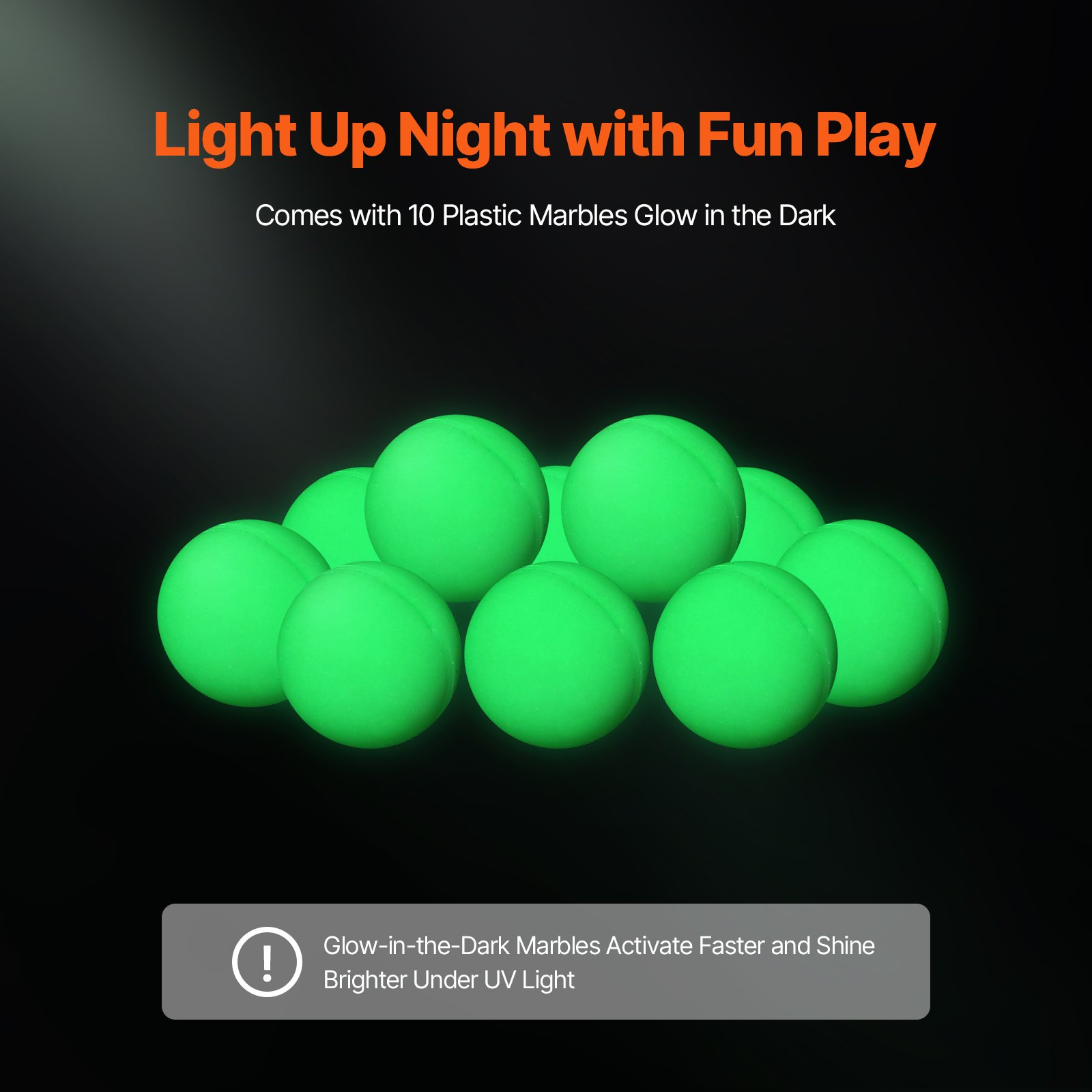 Green glow-in-the-dark marbles on a black background with promotional text.