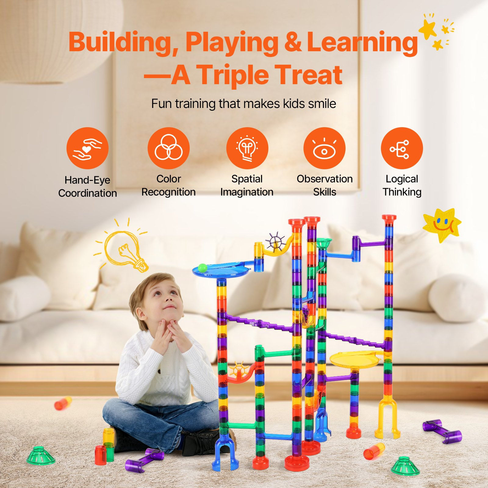 Child playing with a colorful marble run toy set in a living room.