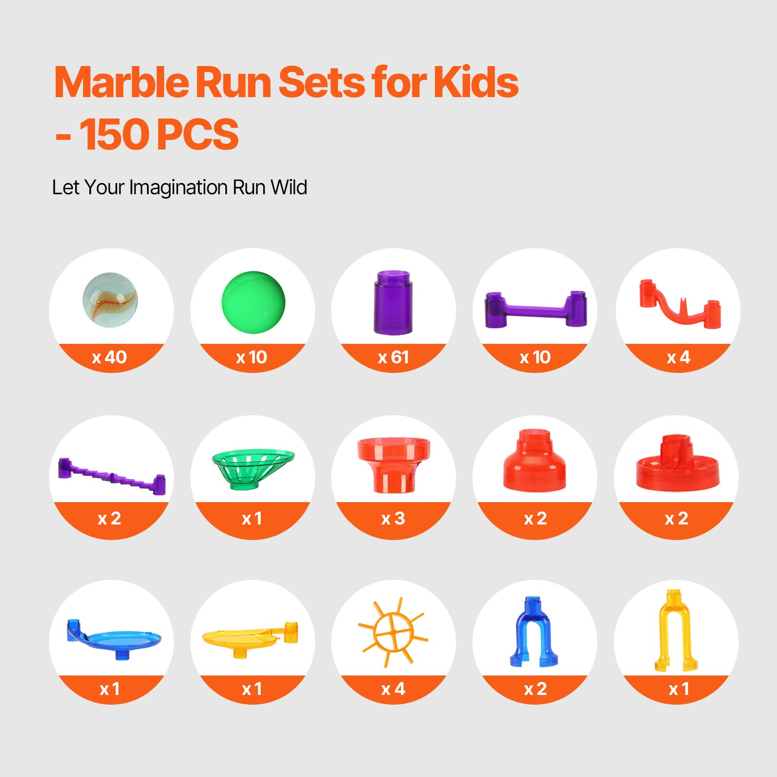 Marble run sets for kids with various components and quantities on a gray background.