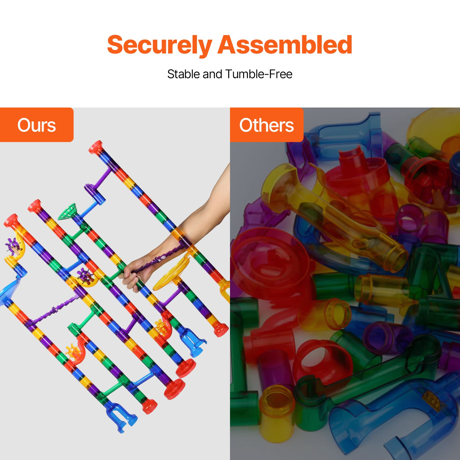Colorful toy marble run system with 'Securely Assembled' text and comparison to 'Others'.