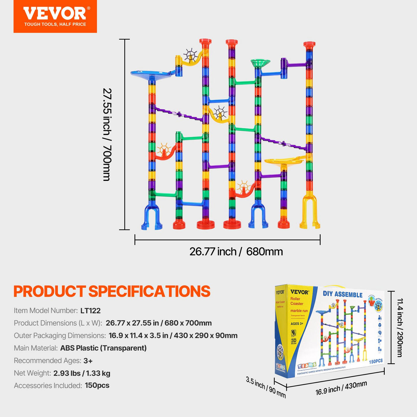 Colorful marble run toy set with VEVOR branding and specifications on a white background