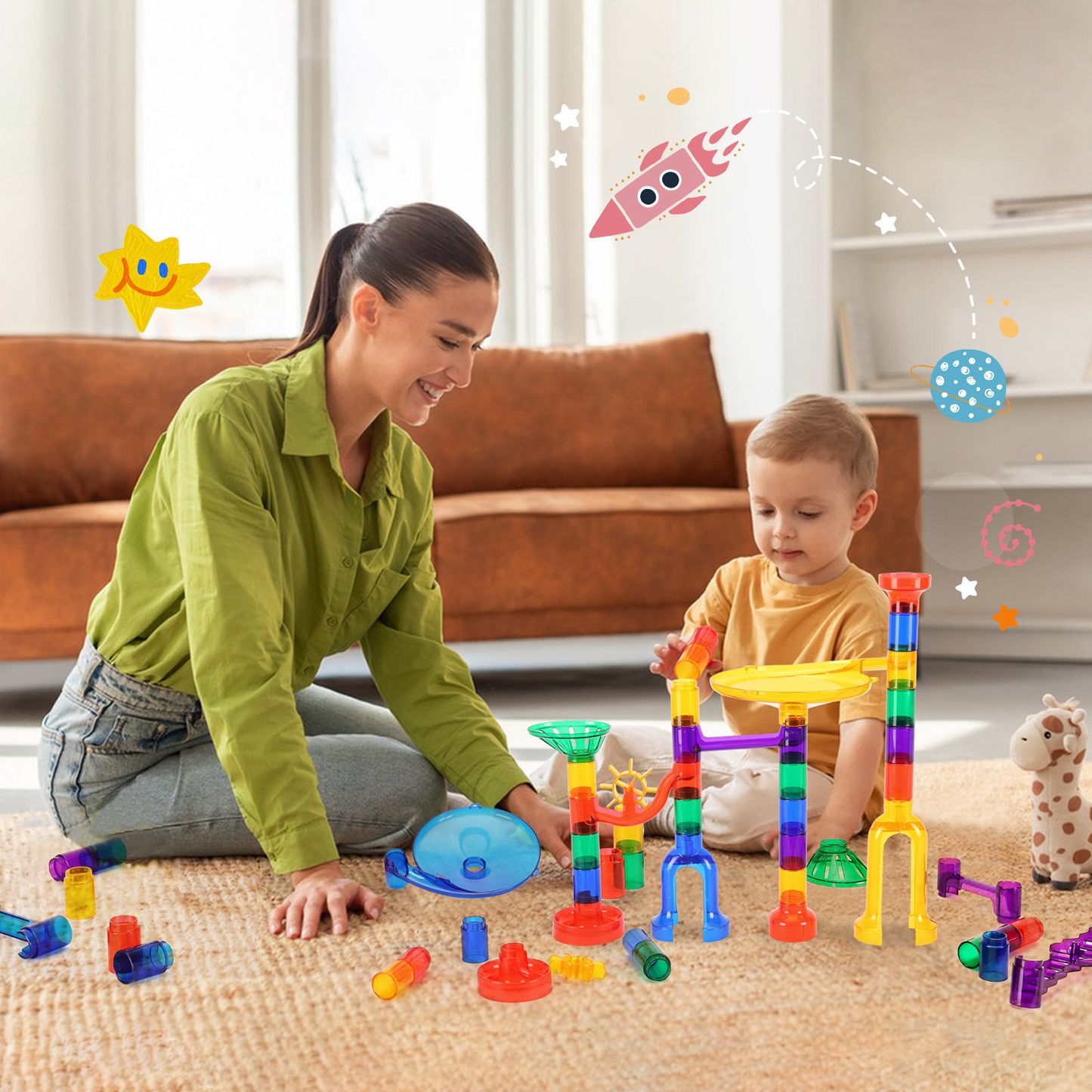 Woman and child playing with colorful marble run building blocks on a carpeted floor.