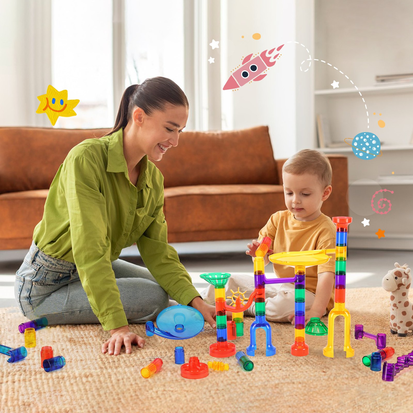 Woman and child playing with colorful marble run building blocks on a carpeted floor.