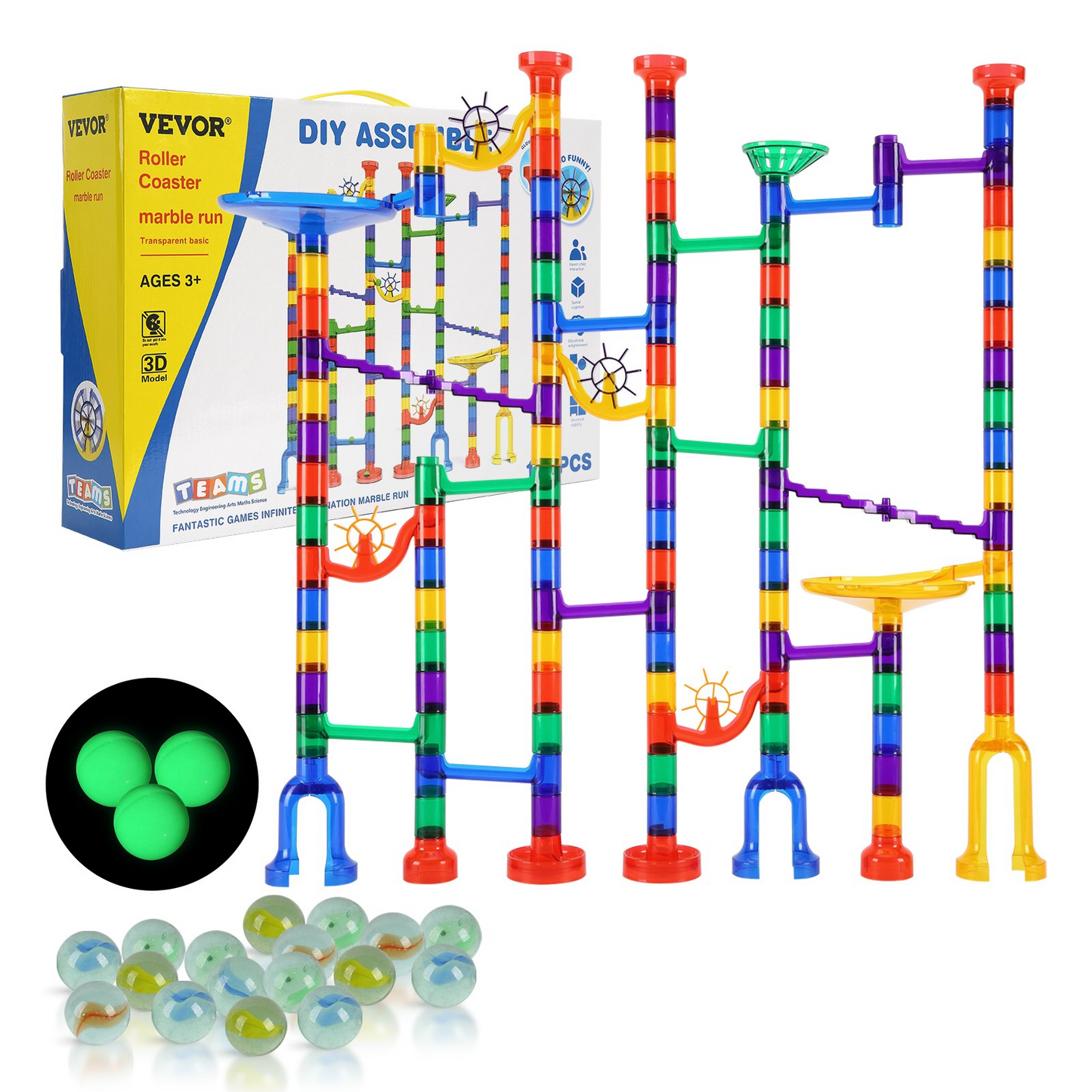 Colorful marble run toy set with Vevor packaging on a white background