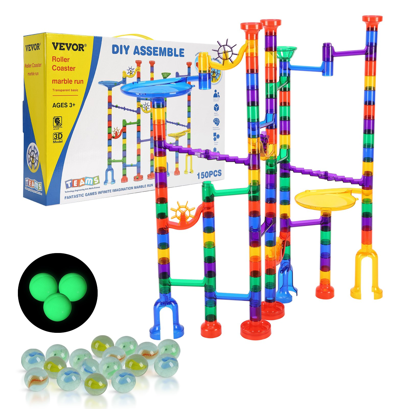 Colorful marble run toy set with VEVOR packaging and marbles on a white background