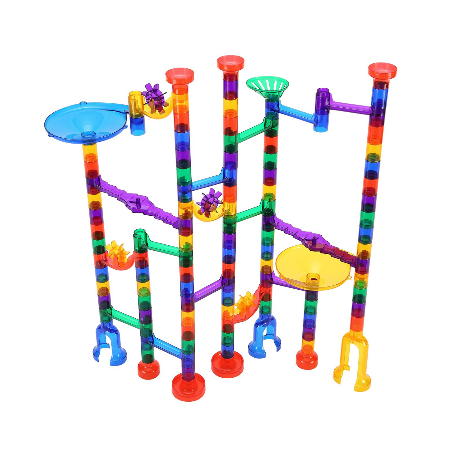 Colorful marble run toy set on a white background