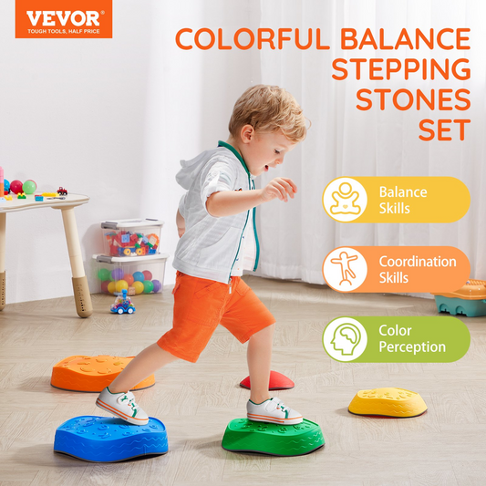 Child playing with colorful balance stepping stones in a room with toys.