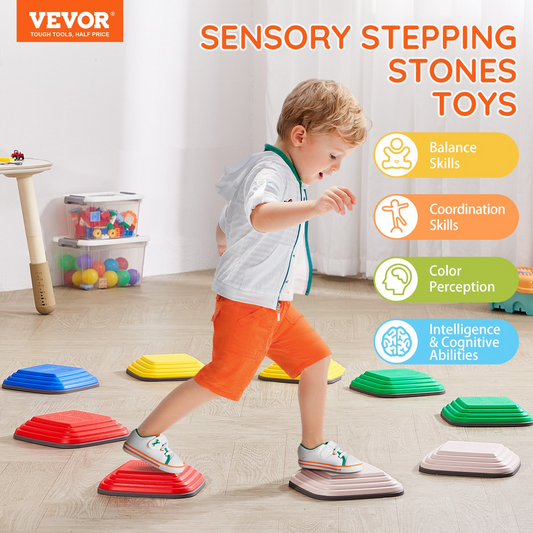 Child playing with sensory stepping stones toys in a room with colorful toys.