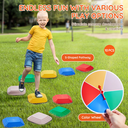 Child playing with colorful stepping stones and a color wheel on grass, with text about play options and sensory development.