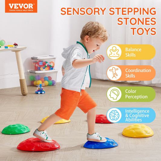 Child playing with sensory stepping stones toys in a room with colorful toys and a VEVOR logo.