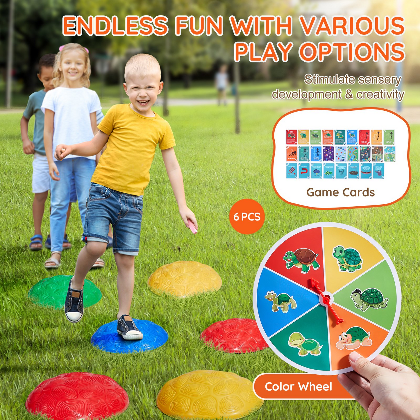 Children playing outside in a park with colorful game cards and markers on grass, with text about sensory development and creativity.