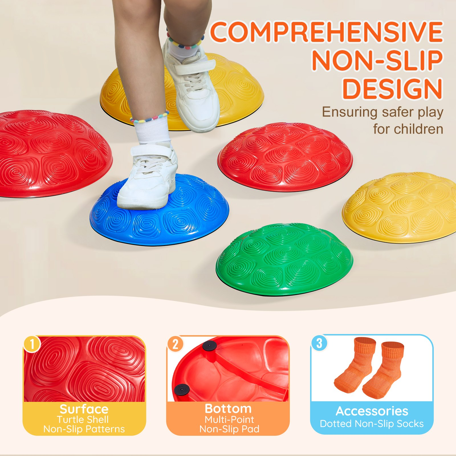 Colorful non-slip stepping stones with feet stepping on them, emphasizing safety for children.