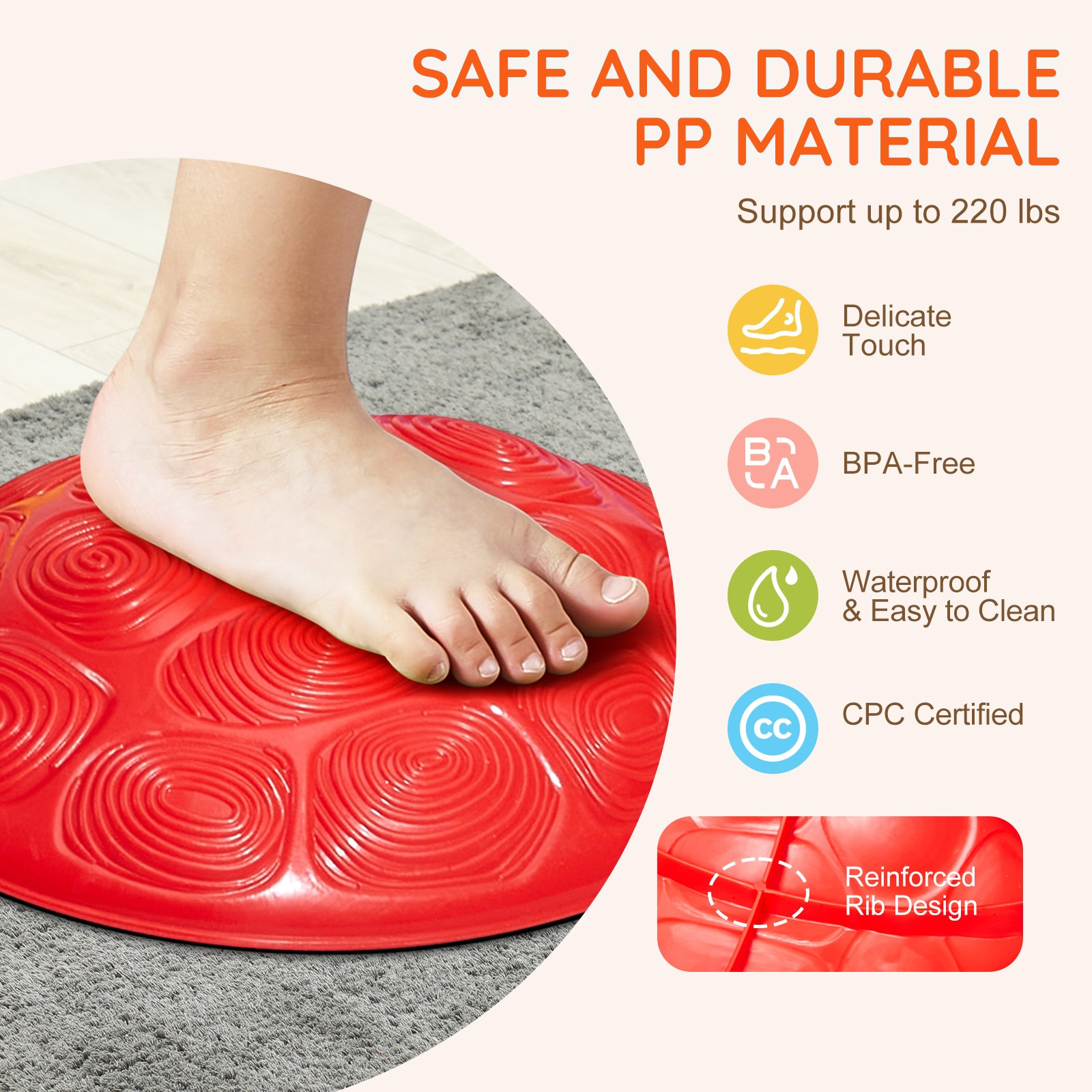 Red stepping stone with a foot on it, labeled as safe and durable with PP material, on a gray background.