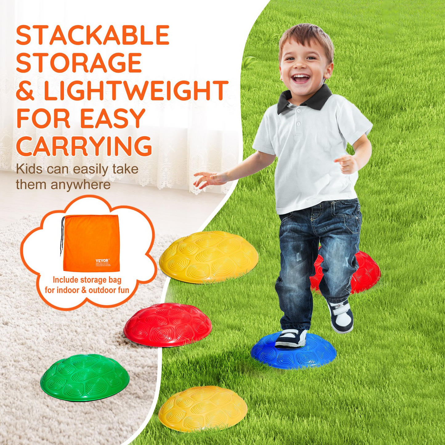 Child playing with colorful stepping stones on grass, with text about stackable storage and carrying. Indoor and outdoor fun.