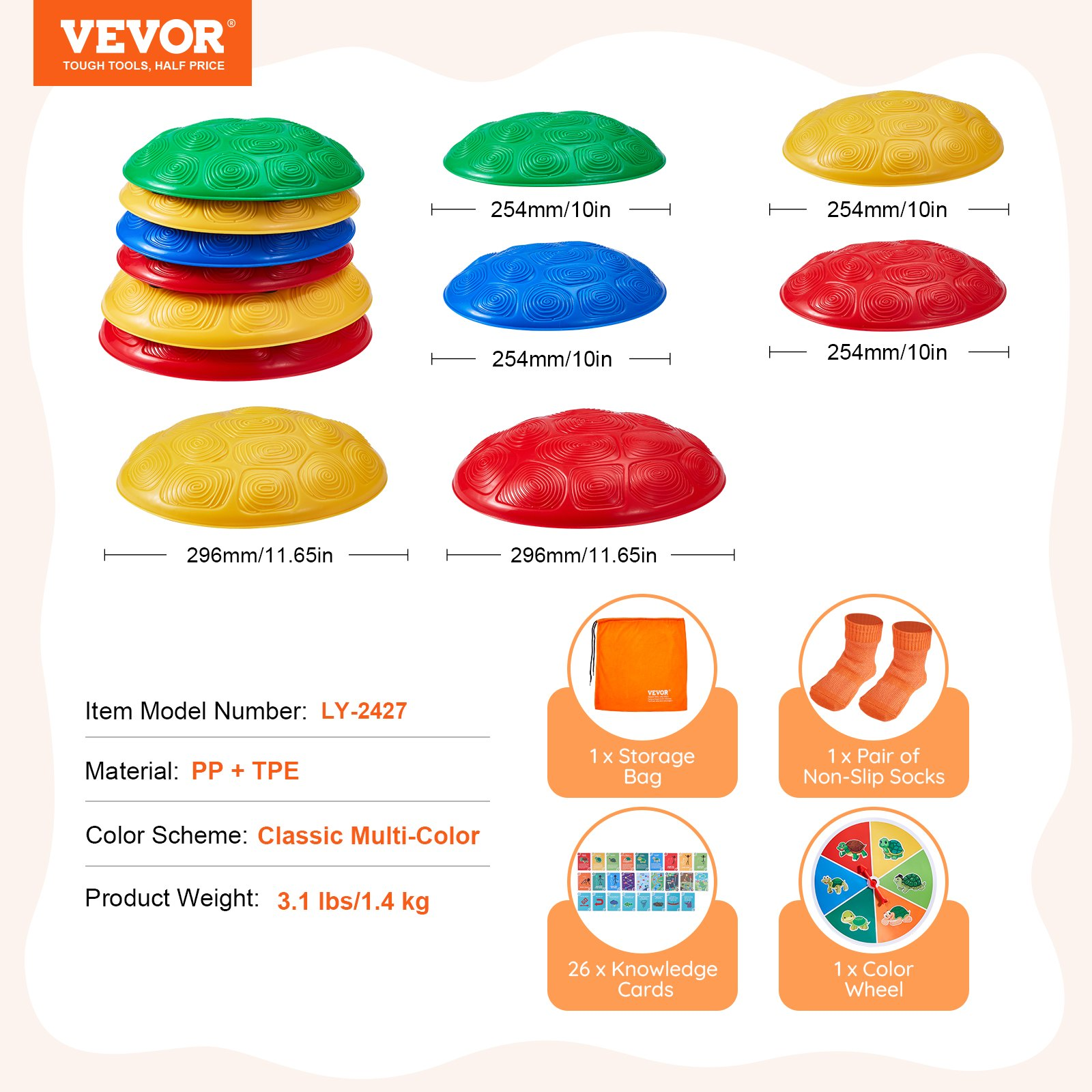 Colorful stackable stepping stones with dimensions and VEVOR branding on a white background