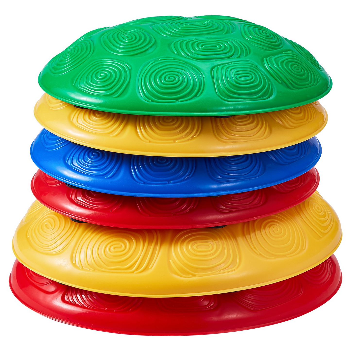 Stack of colorful plastic stepping stones with turtle textured surface on a white background