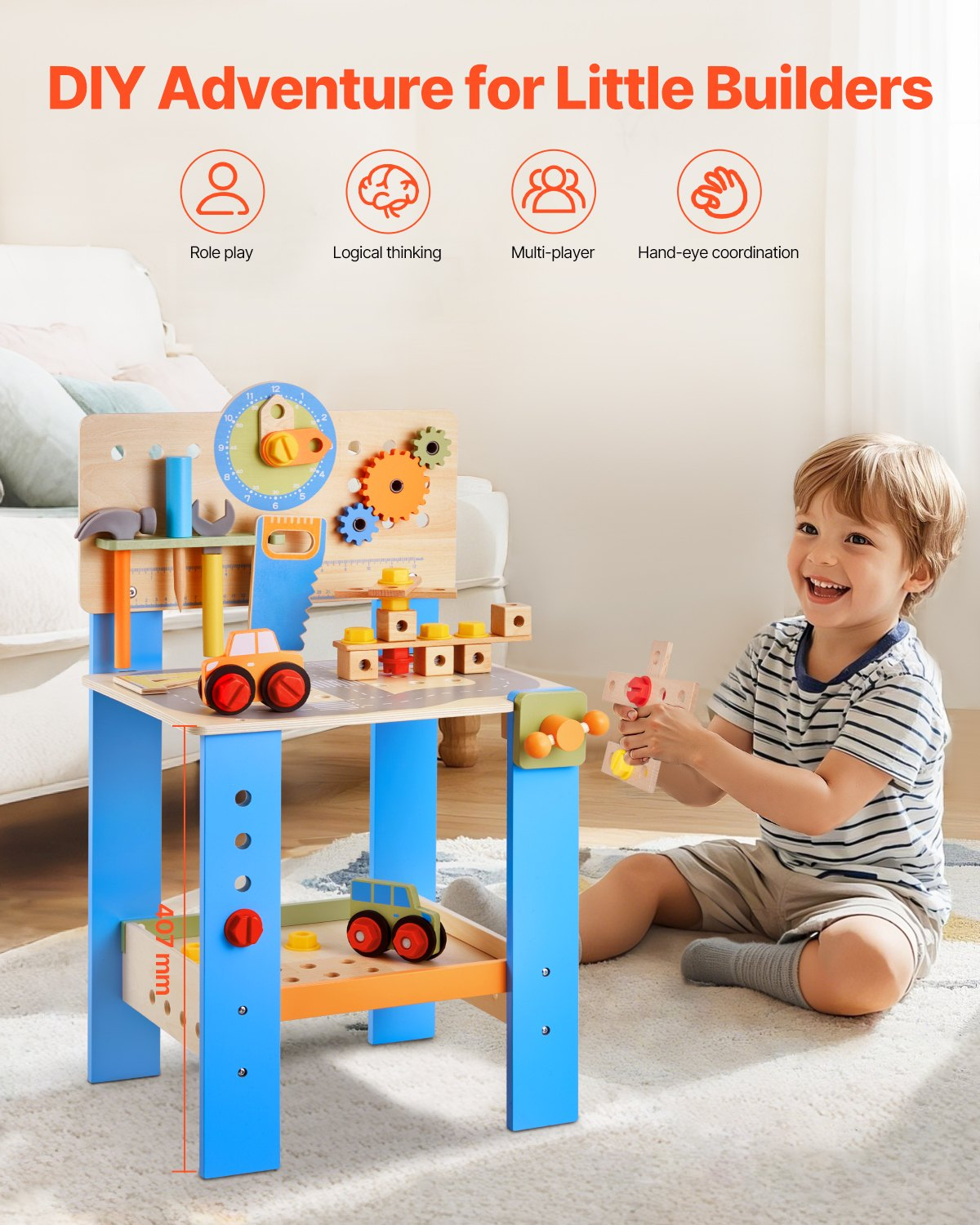 Child playing with a wooden toy set in a living room, with text indicating benefits like role play and logical thinking.