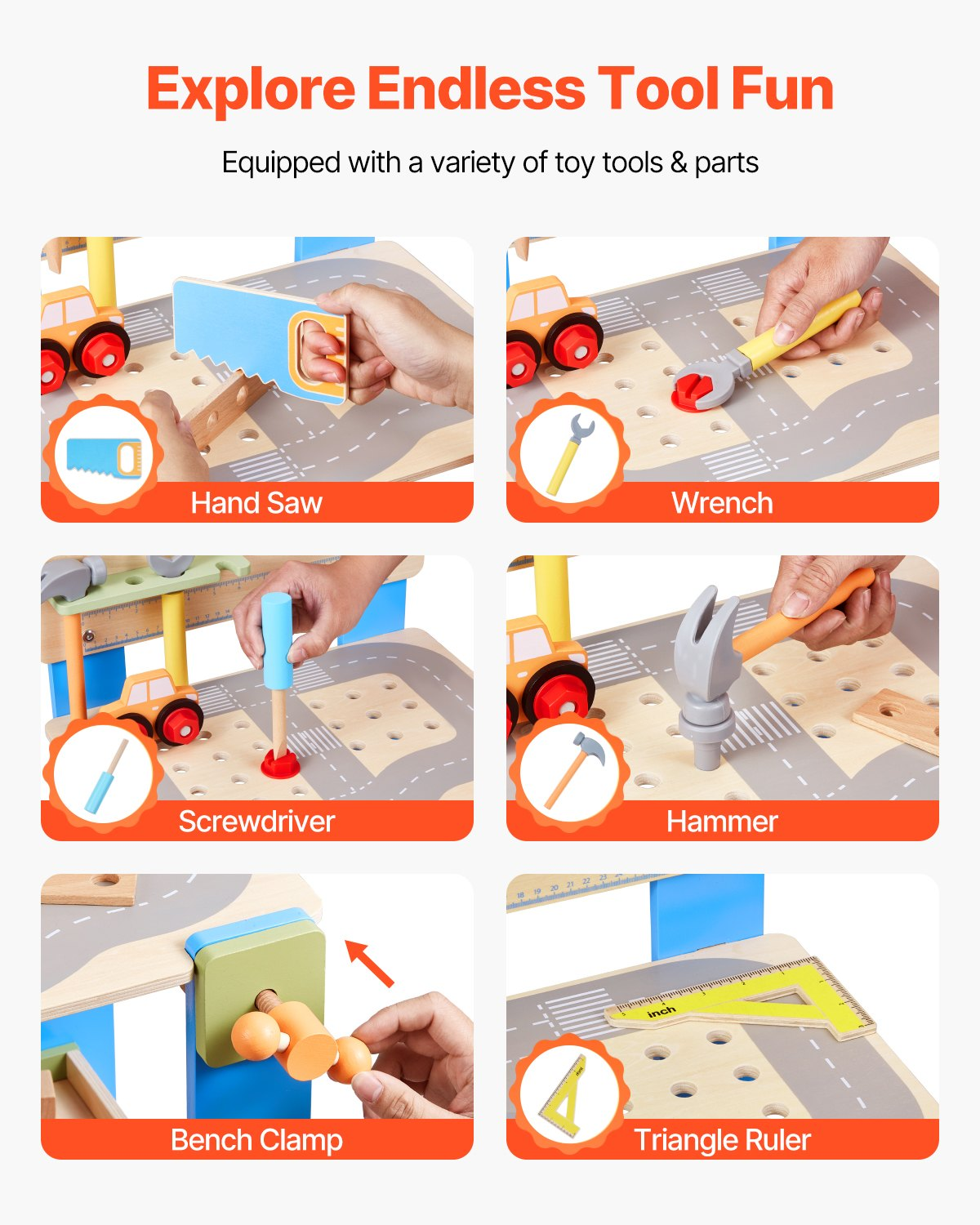 Toy tool set with various tools and parts on a white background