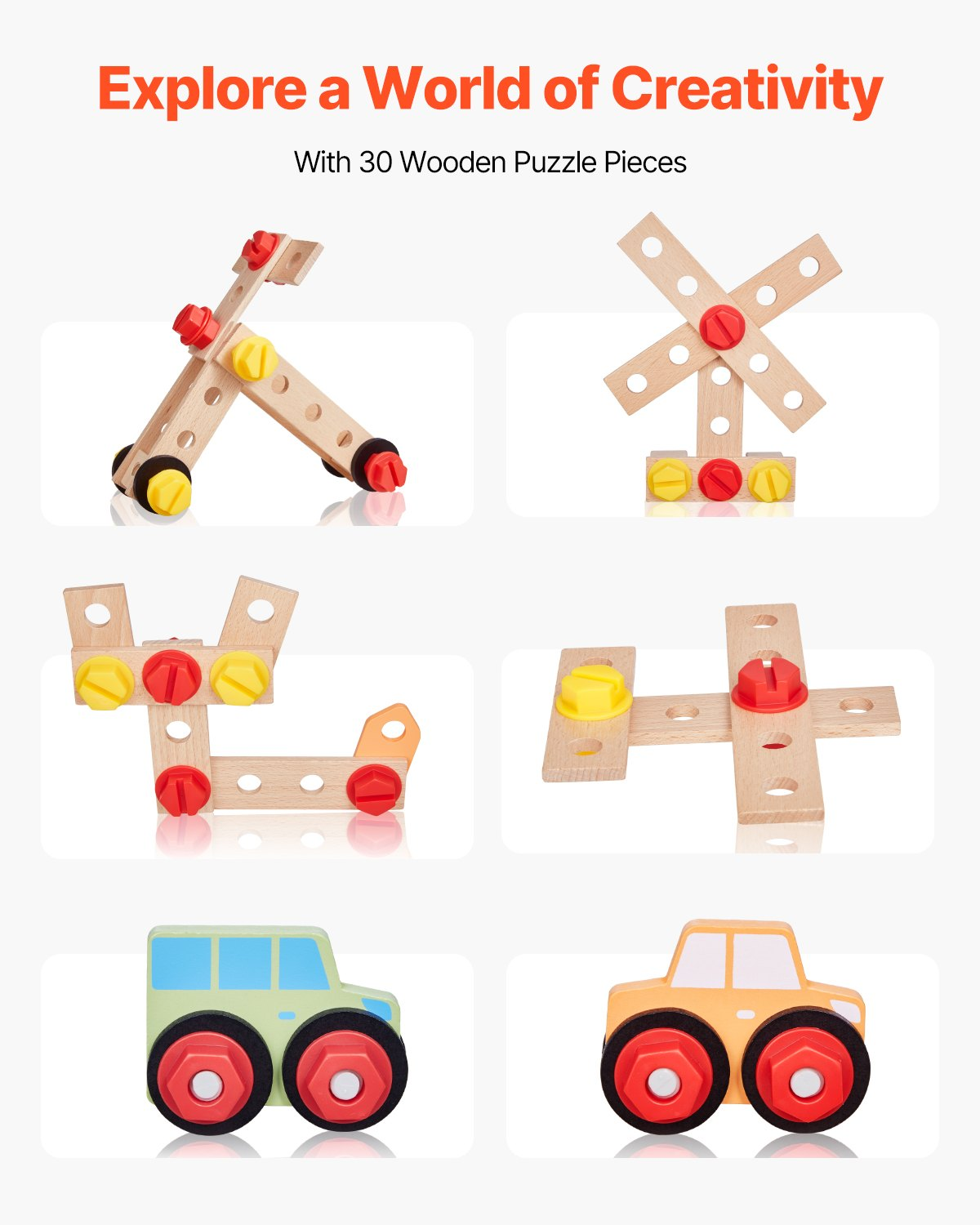 Wooden puzzle pieces shaped like vehicles on a white background with text 'Explore a World of Creativity'.
