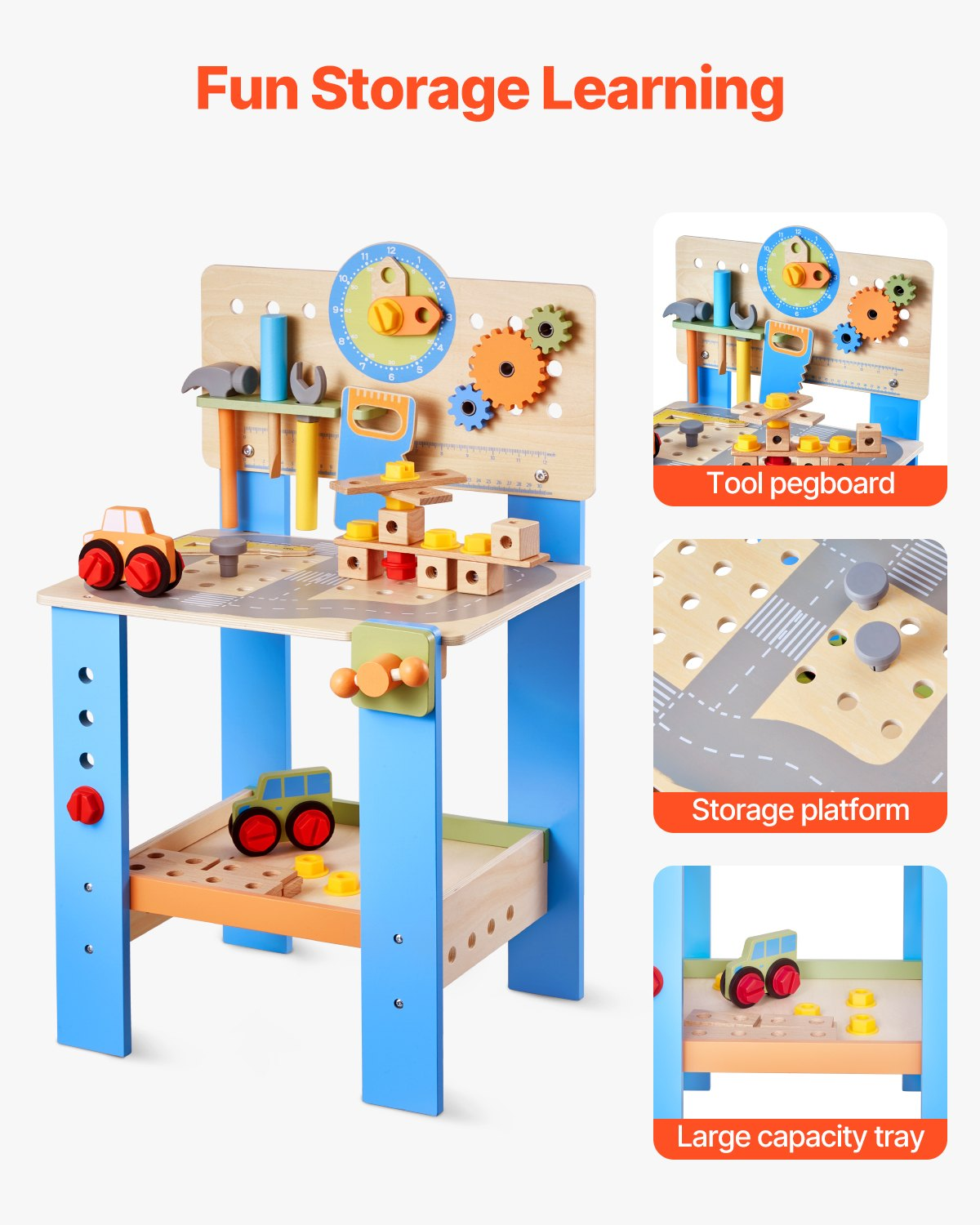 Wooden play kitchen set with various components on a white background