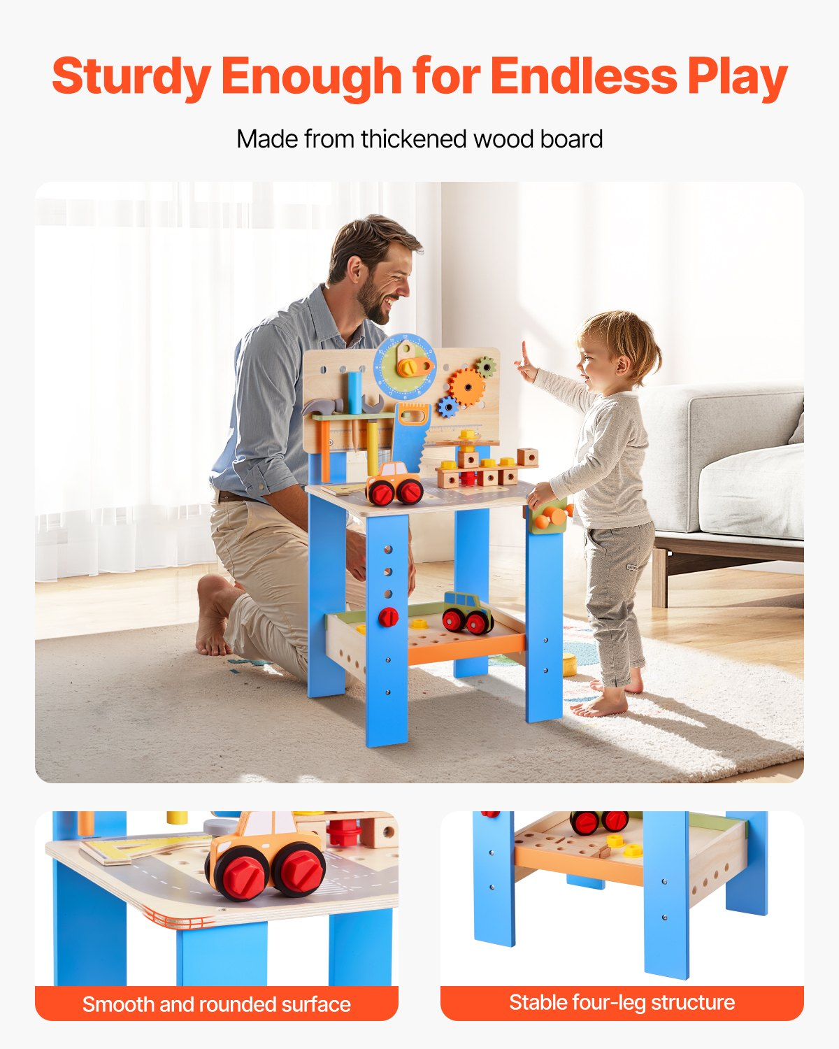 Man and child playing with a wooden toy table in a living room.