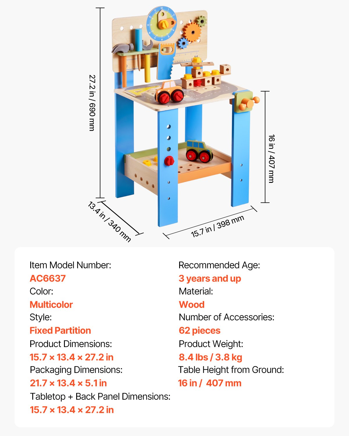 Children's play desk with measurements and product details on a white background
