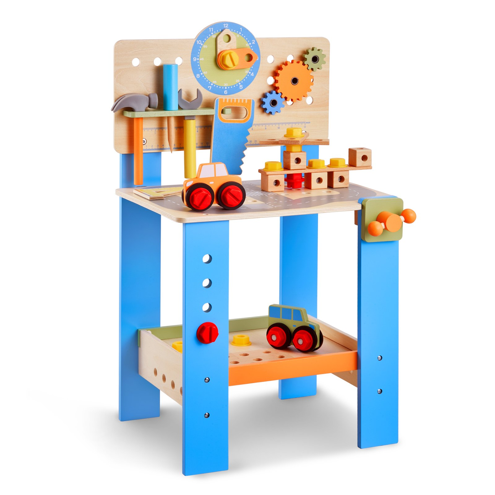 Children's toy workbench with tools and cars on a white background