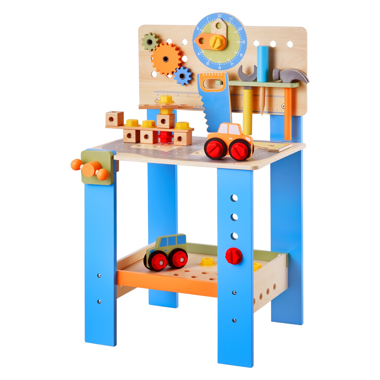 Children's toy workbench with tools and cars on a white background