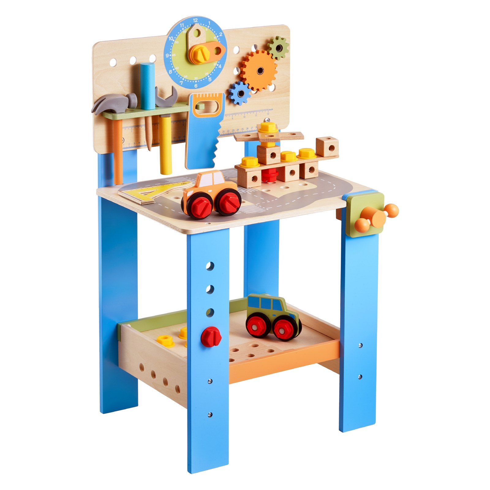 Children's wooden playworkshop with various tools and toys on a white background