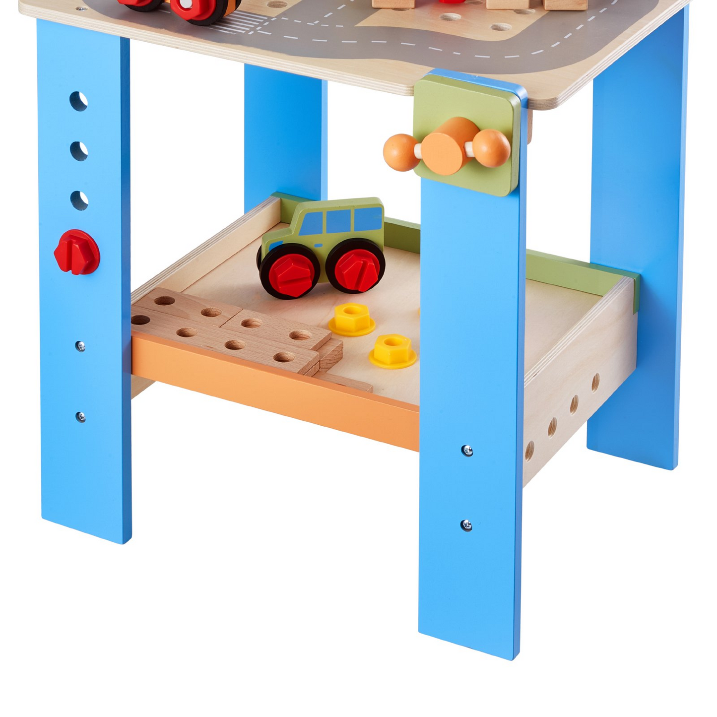 Children's wooden play table with toy car and accessories on a white background