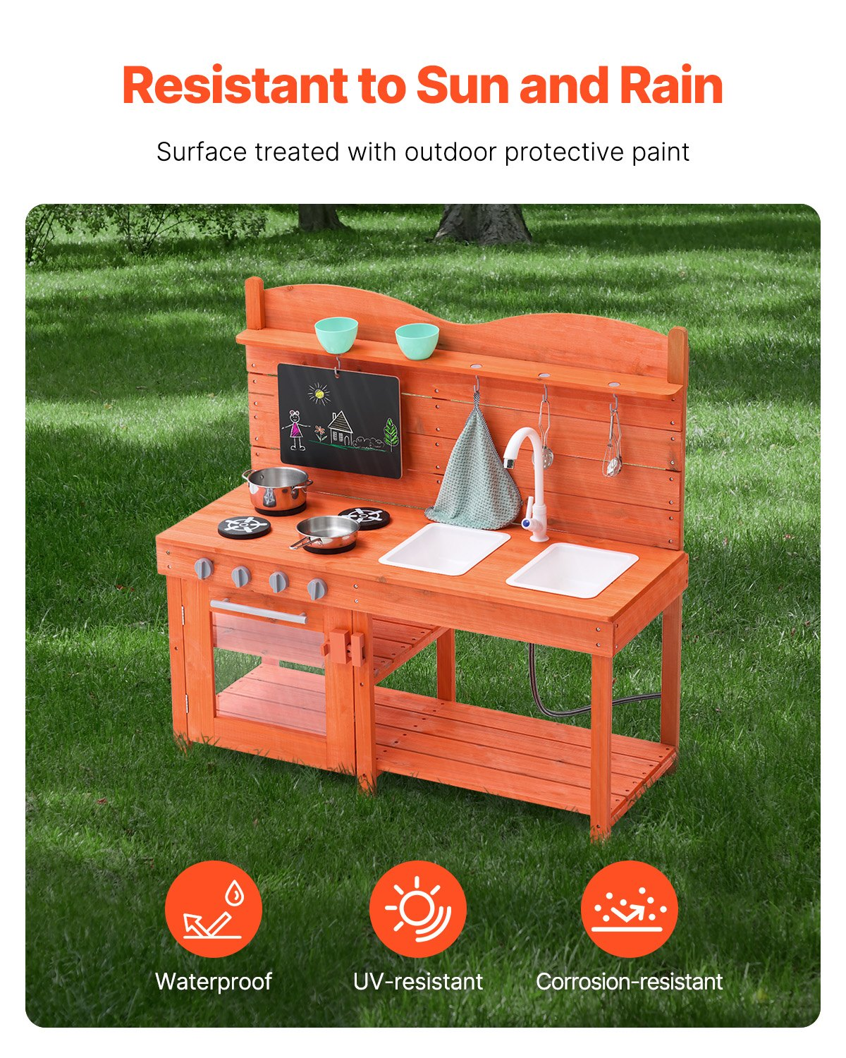 Outdoor play kitchen set on grass with text about resistance to sun and rain.