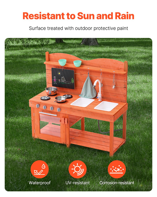 Outdoor play kitchen set on grass with text about resistance to sun and rain.