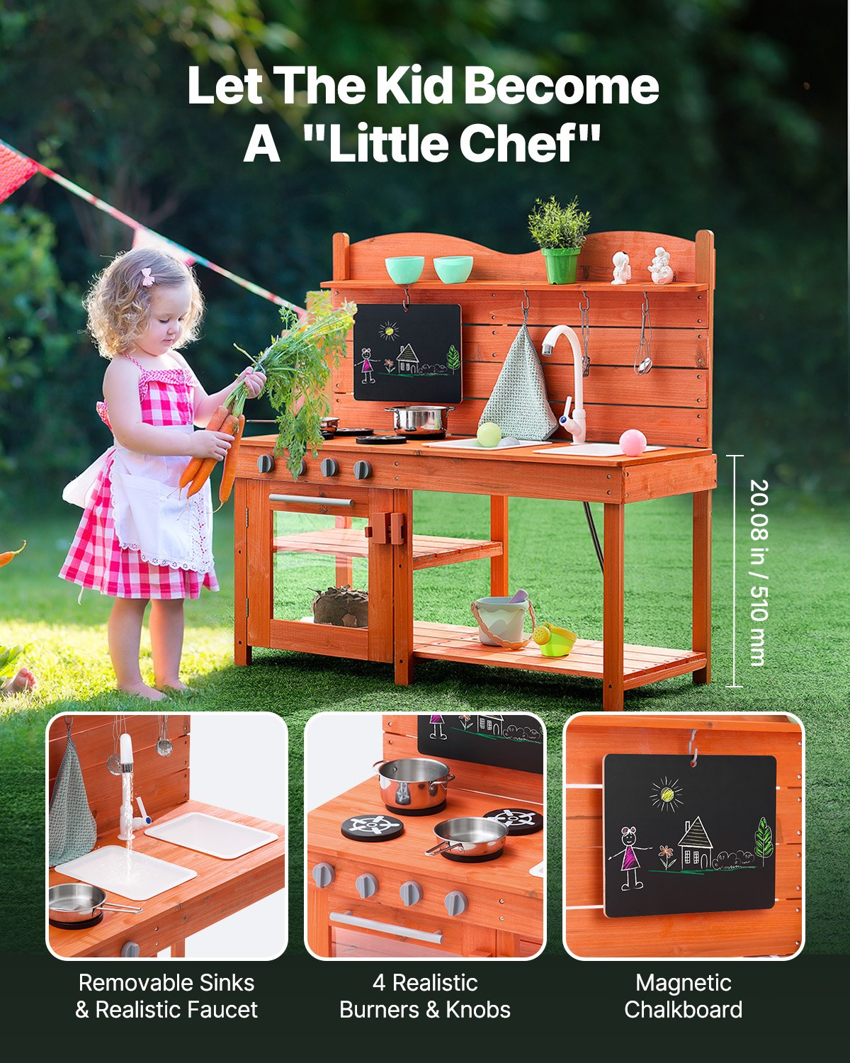 Children's play kitchen set with a young girl standing next to it, surrounded by greenery.
