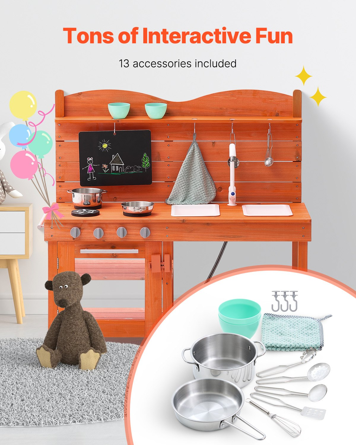 Wooden play kitchen set with accessories and a teddy bear in a room setting.