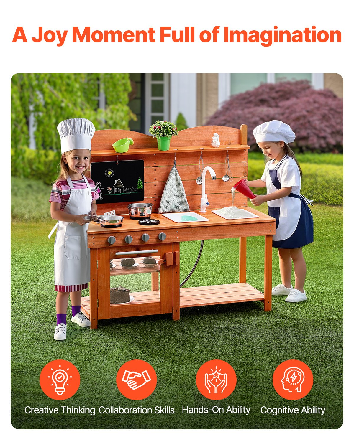 Children playing with a wooden play kitchen set outdoors.