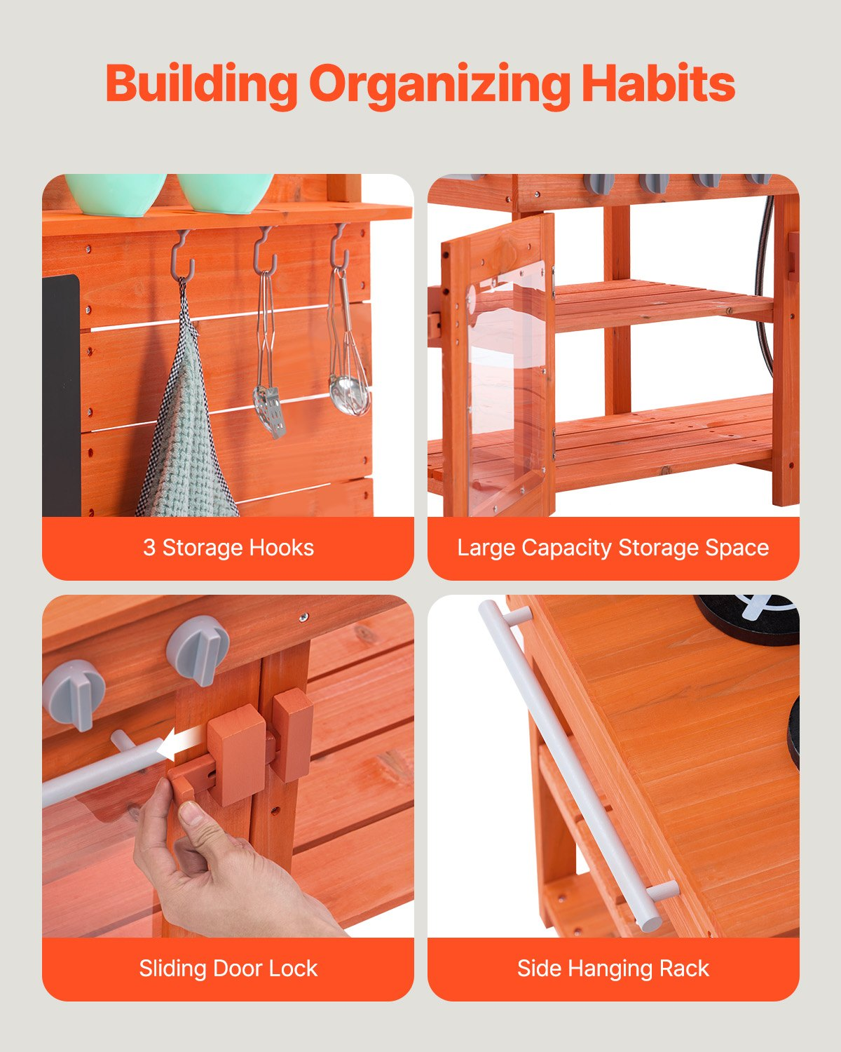 Orange storage rack with features like hooks, shelves, and locks on a gray background.