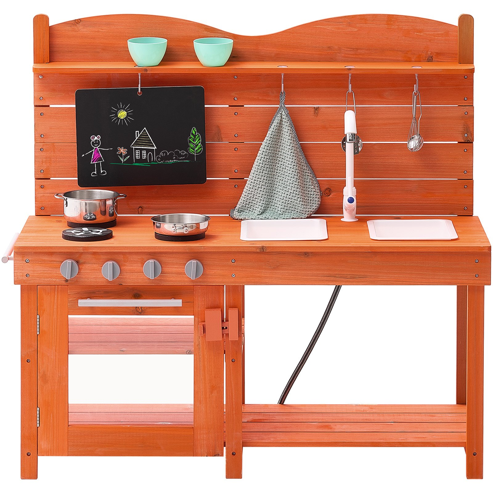 Wooden play kitchen set with various accessories on a white background