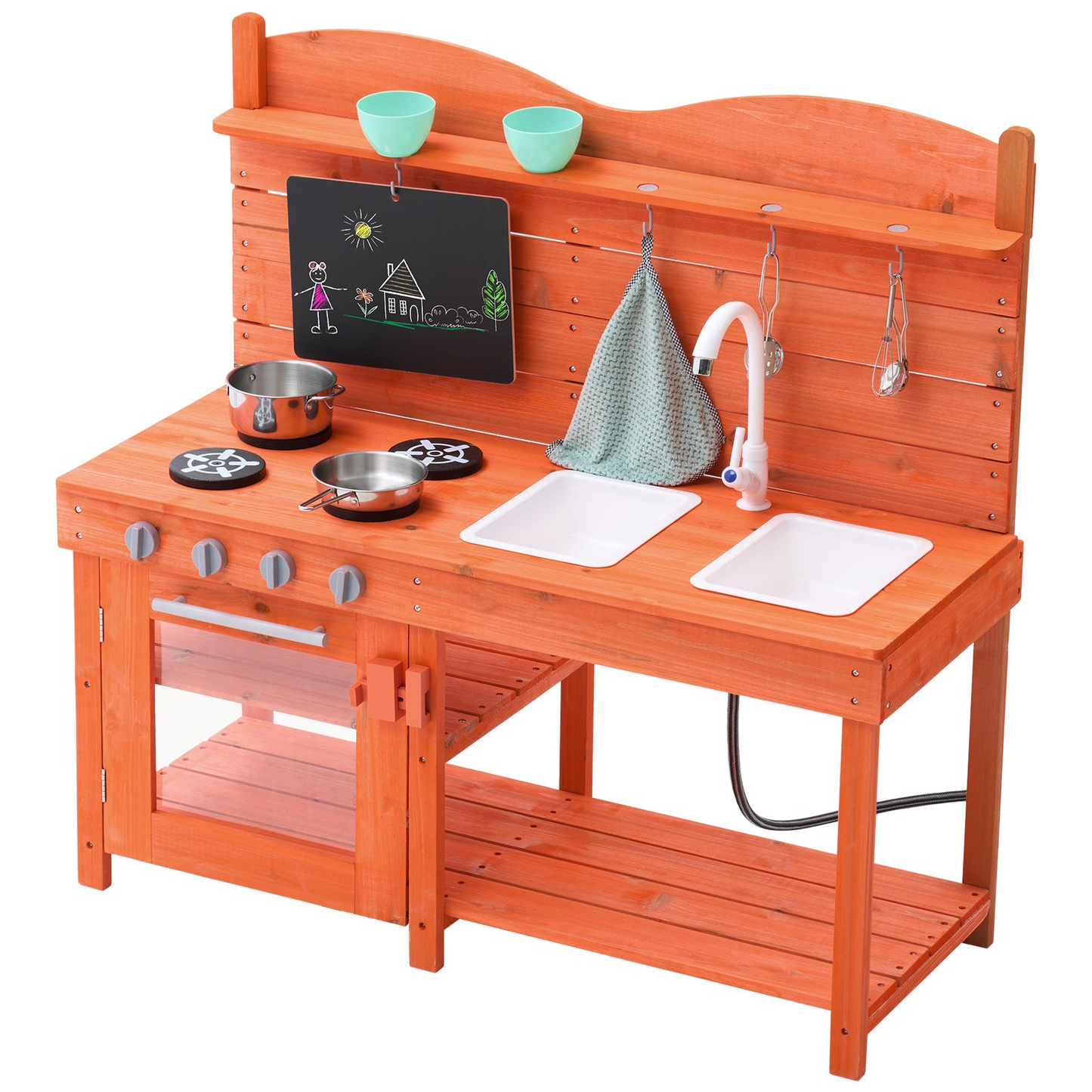 Wooden play kitchen set with sink, stove, and utensils on a white background