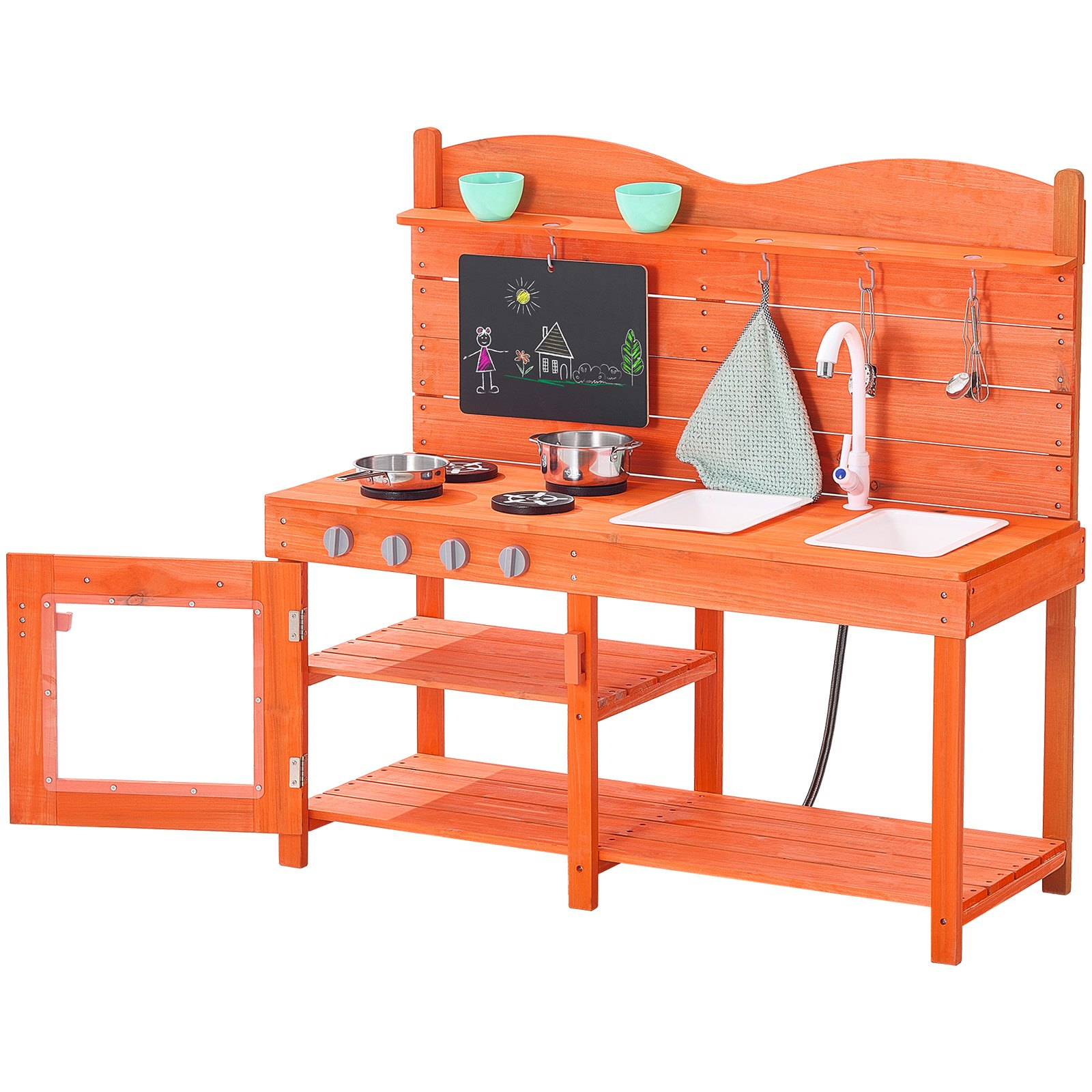 Orange colour wooden play kitchen set with various accessories on a white background