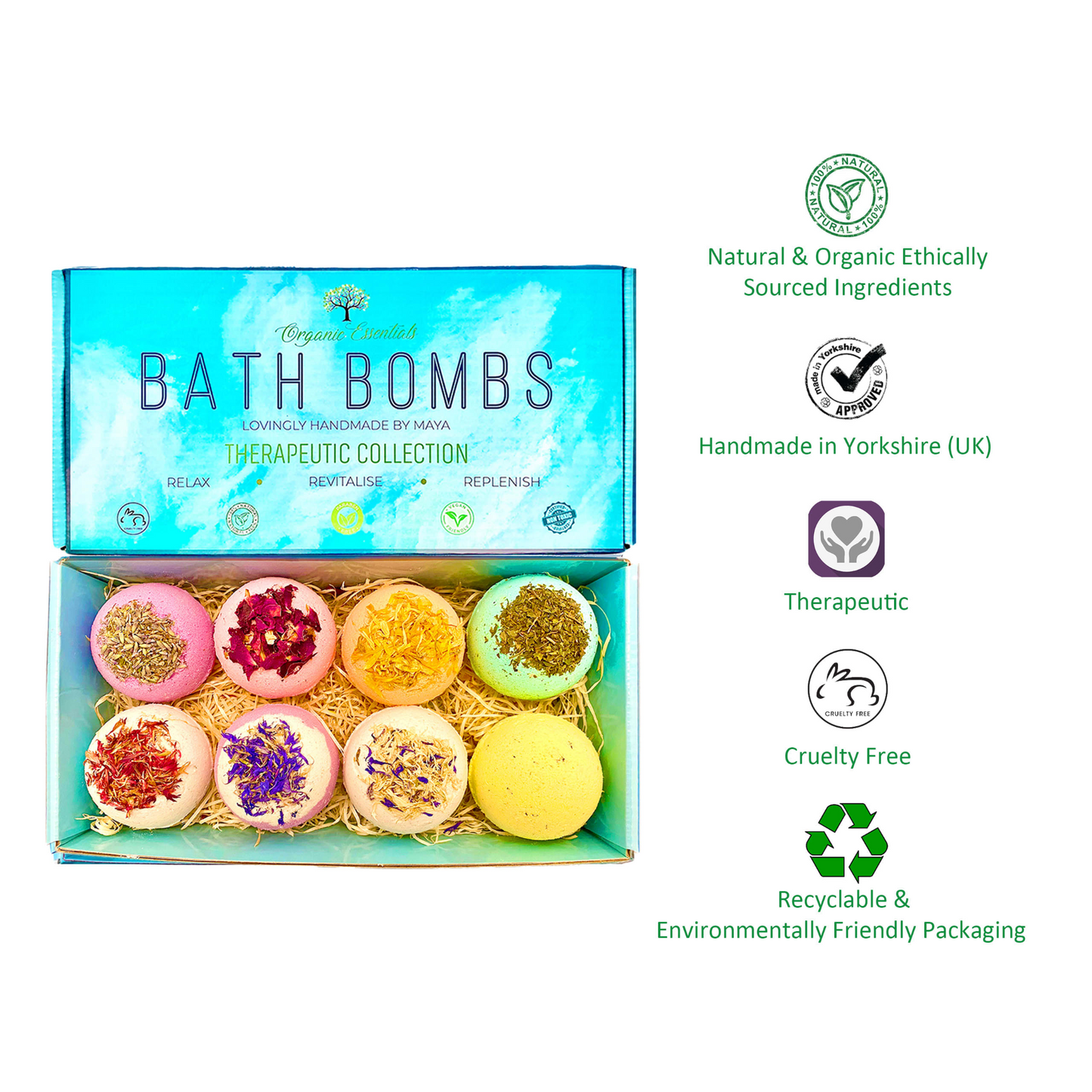 Box of bath bombs with decorative elements and branding information on a white background