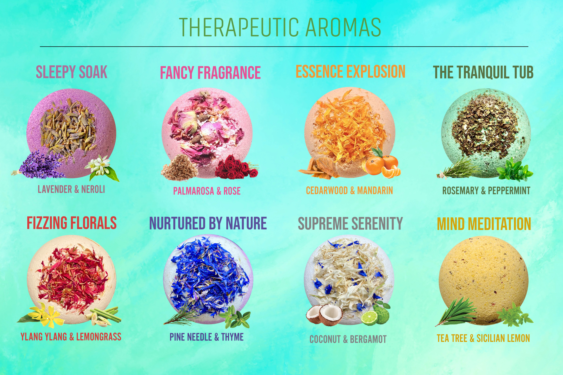 Various bath bomb illustrations with therapeutic aromas on a blue background