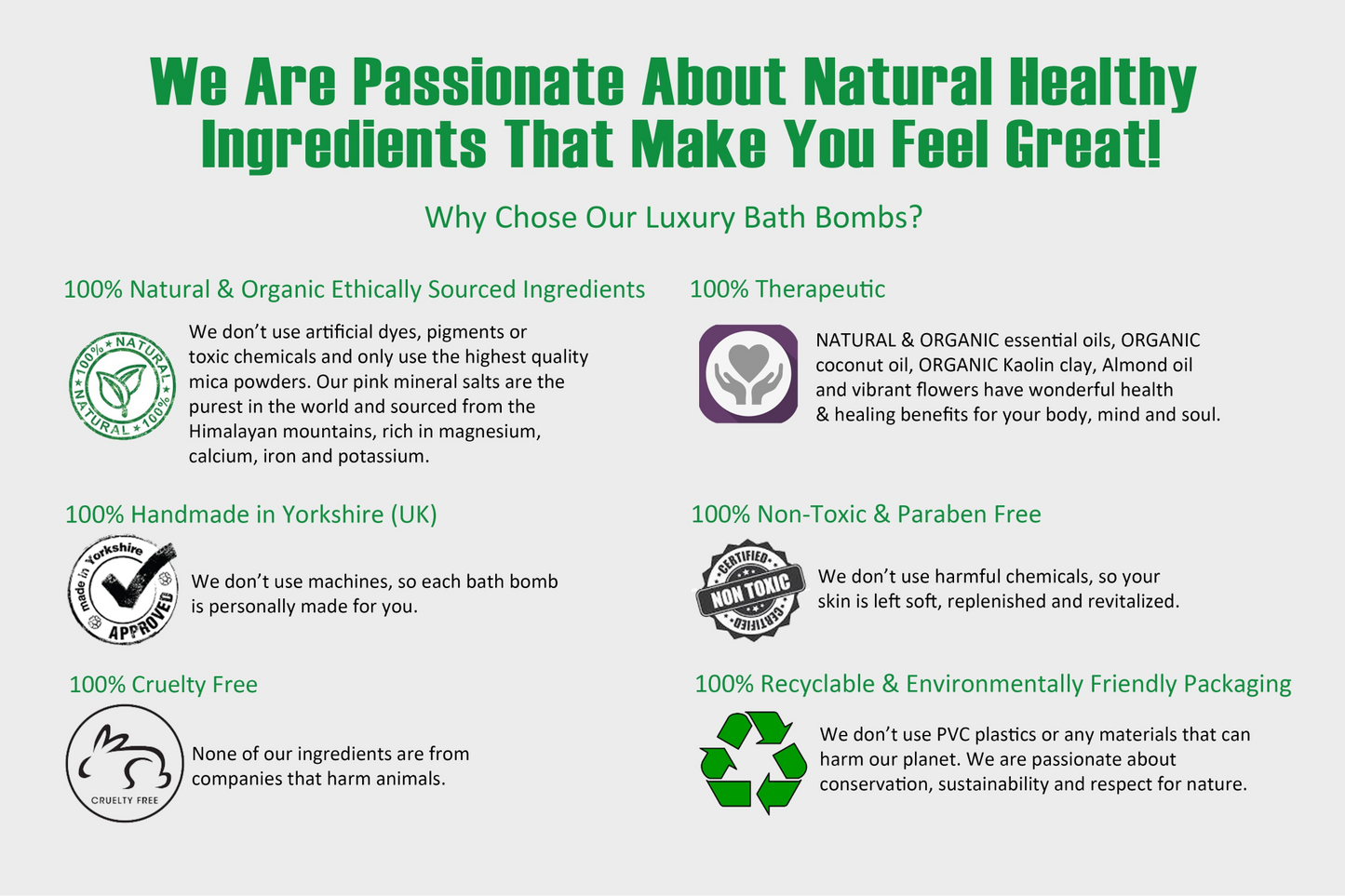 Promotional graphic about natural healthy ingredients and bath bombs with various icons and text on a white background.