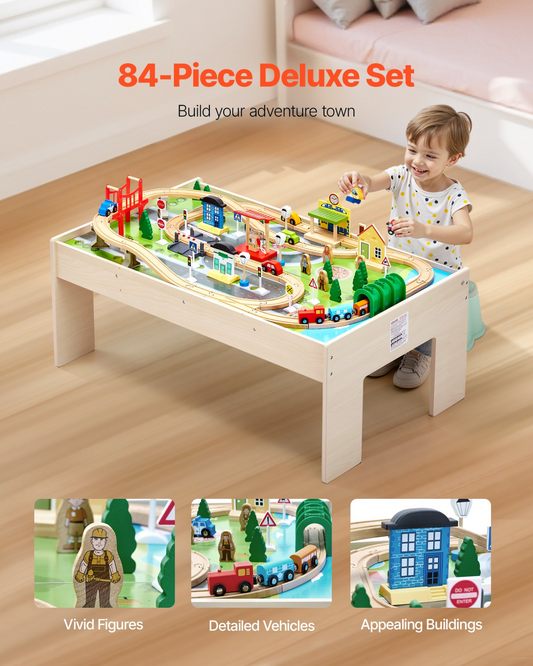 Children's play table with toy train set and accessories, featuring a child playing with the toys.