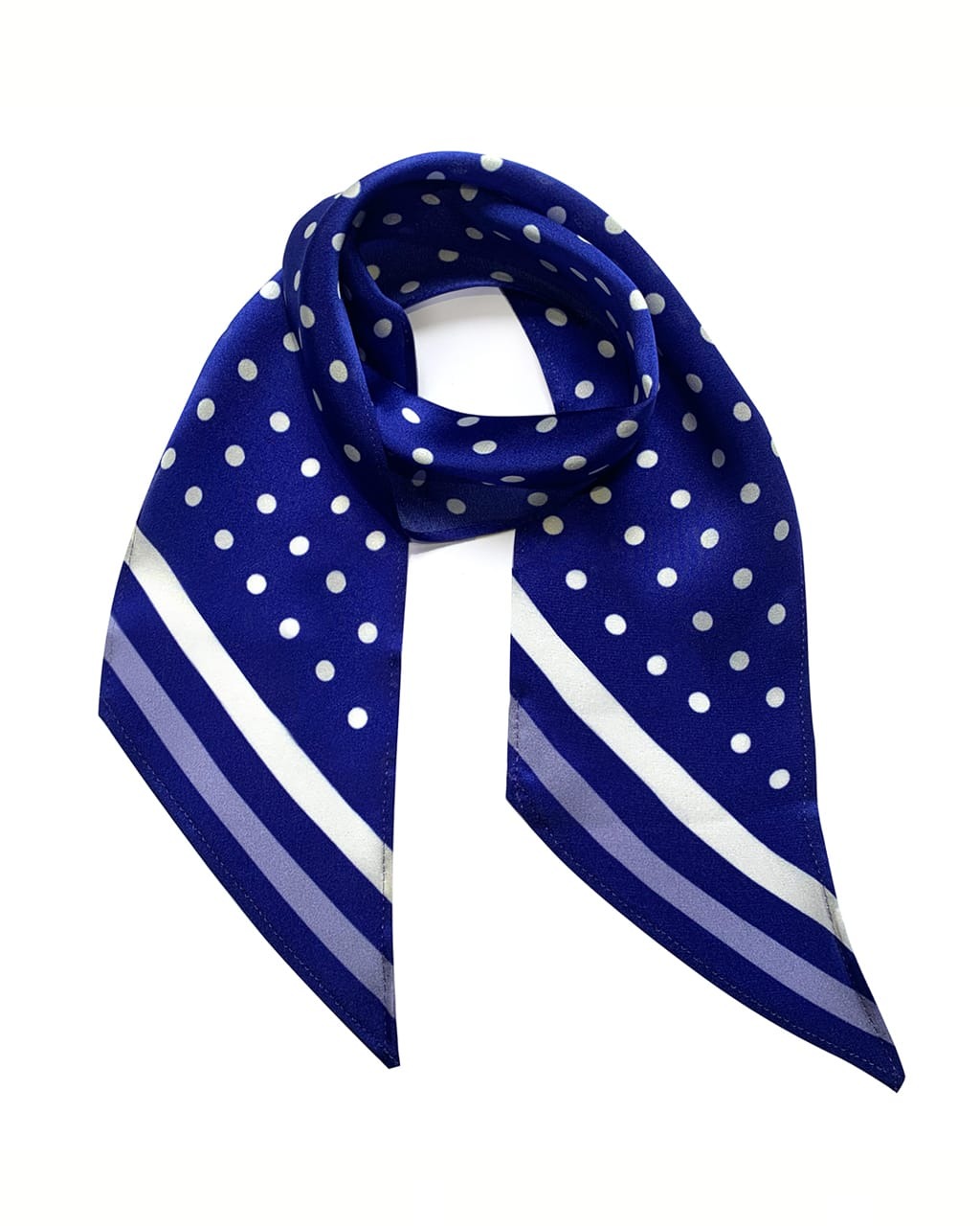 Elegant Electric Blue Polka Dot Silk Neck Scarf with white and gray stripes on a white background